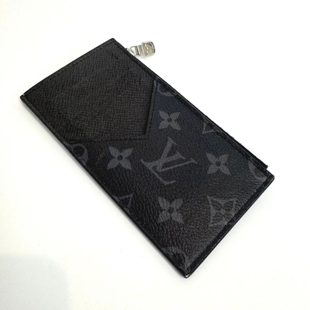 LOUIS VUITTON Black LV Monogram Eclipse Coin Card Holder Silver Zip Gray Wallet